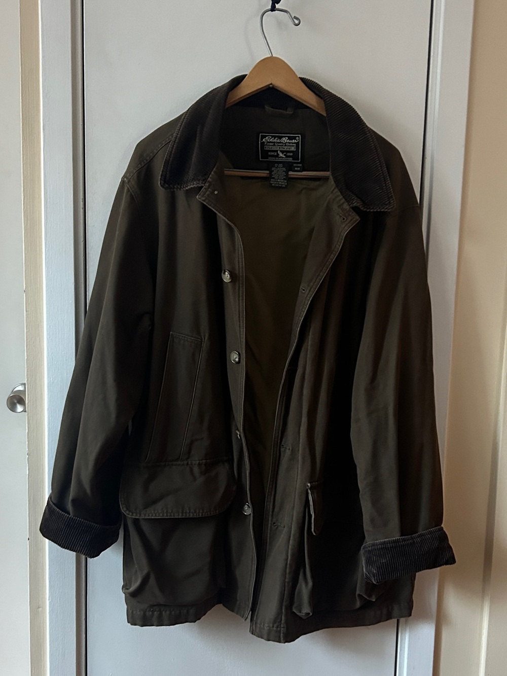 Eddie Bauer Olive Green Field Barn Jacket Coat with Corduroy Collar